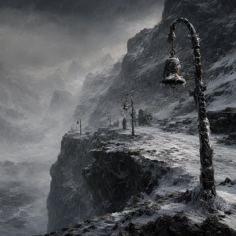 AI-painted location: a ruined bell tower in a snowstorm