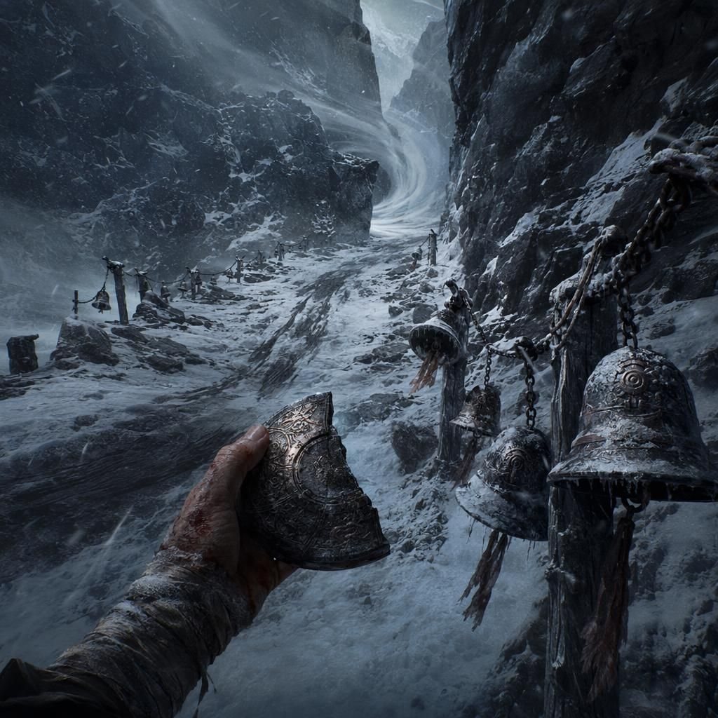 AI-painted scene: a hand holding a shard of a broken bell against a blizzard