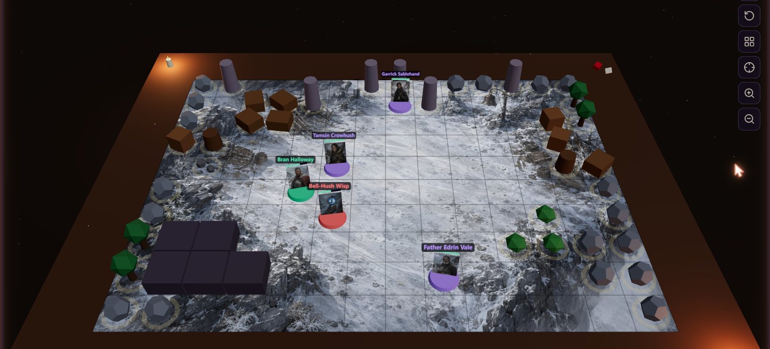 3D battle table mid-combat: miniatures on green and red bases on a 5-ft grid